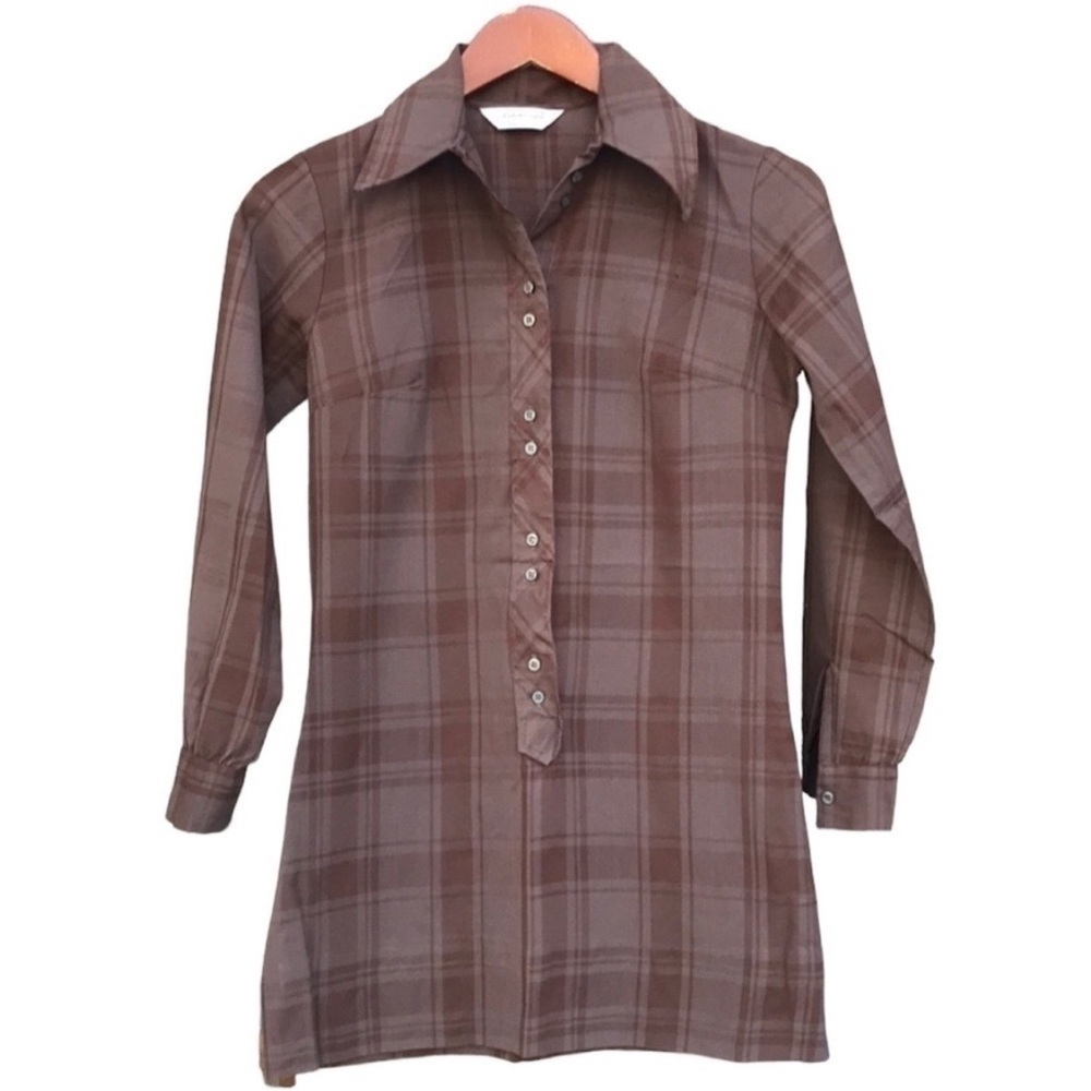 Lady Wrangler Vintage Plaid Shirt Dress Brown Western USA 7/8